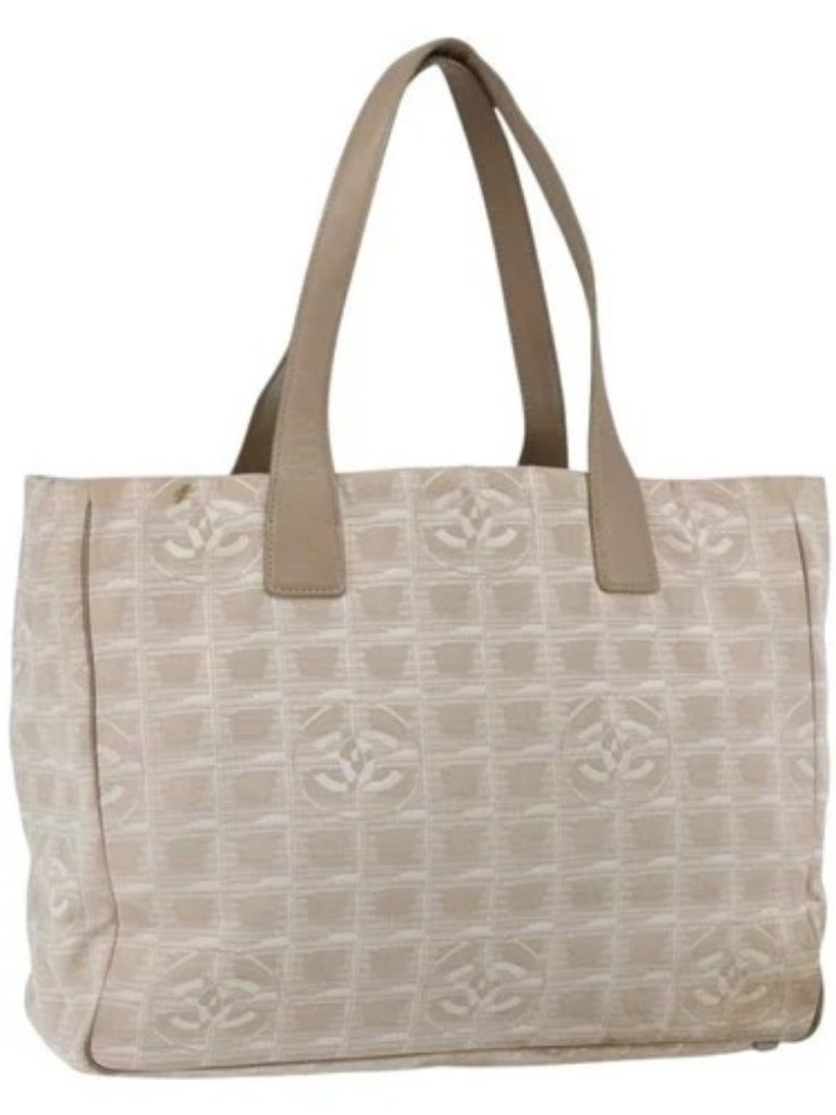 Chanel New Travel Line Tote Bag Nylon Beige Gold Cc Auth Ba9963